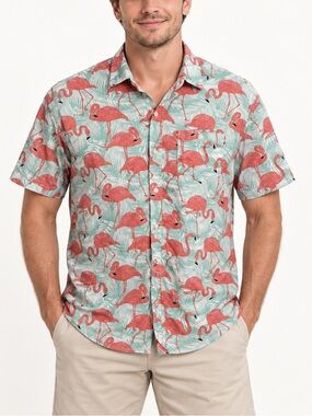 Artistry in Motion Men’s XL Flamingo Tropical Slim-Fit Button-Up Shirt